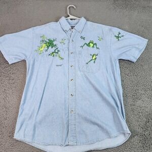 Outrageous Sports Shirt Mens Medium Blue Denim Frog Toadal Chaos Short Sleeve